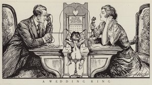 Cupidon orchestrant un appel téléphonique entre un homme et une femme (litho) - American School