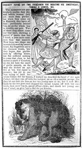 Davy Crockett payant deux Français pour avoir insulté sa bien-aimée, apprivoisant une lionne, etc., illustration tirée de l