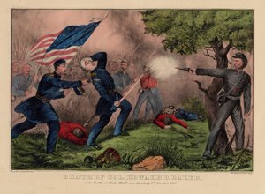 Mort du Col. Edward D. Baker, à la bataille de Balls Bluff près de Leesburg VA., 21 octobre 1861, pub. par Currier & Ives, vers 1861