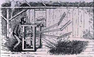 Premières tentatives de machines à battre, illustration de The Growth of Industrial Art, 1892, de The Pageant of America, Vol.3, par Ralph Henry Gabriel, 1926 - American School