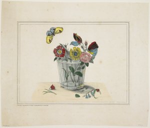 Fleurs dans un verre, avec papillon - American School
