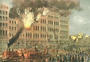 Grand incendie sur Lake Street, de Chicago Illustrated, avec descriptions littéraires par James W. Sheahan, publié par Jevne & Almini, Chicago, 1866-67