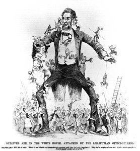 Gulliver Abe, à la Maison Blanche, attaqué par les chercheurs de bureau lilliputiens, de Frank Leslies Budget of Fun, 15 mars 1861