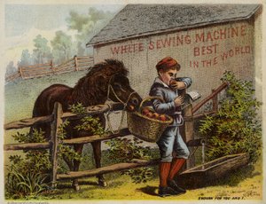 Cheval et garçon mangeant des pommes - American School