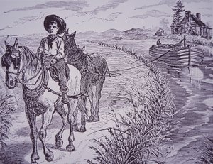 Chevaux tirant un bateau de canal sur le chemin de halage, canal Érié - American School