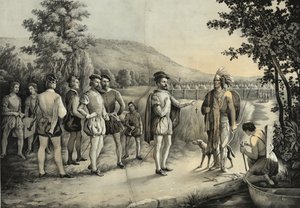 Jacques Cartier, sa première rencontre avec les Indiens à Hochelaga maintenant Montréal en 1535, vers 1850 - American School