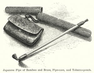 Pipe japonaise en bambou et laiton, étui à pipe et pochette à tabac - American School