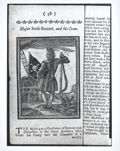 Major Stepe Bonnet, page 38 de Histoires et vies de tous les pirates les plus notoires et de leurs équipages, Londres, 1725 - American School