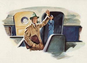 Homme faisant ses adieux en montant dans un avion - American School