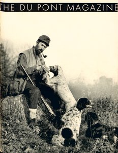 Homme avec des chiens de chasse, couverture du DuPont Magazine, novembre 1934 - American School