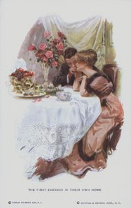Couple marié profitant de la première soirée dans leur nouvelle maison (lithographie couleur) - American School