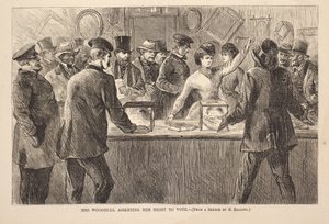 Mme Woodhull affirmant son droit de vote, gravure de Harper