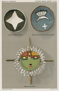 Boucliers amérindiens - bouclier avec symbole étoile, bouclier Soyaluna avec symbole inconnu, bouclier soleil symbolique - American School