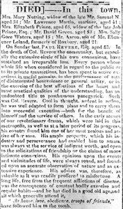 Page nécrologique du Boston Intelligencer, 16 mai 1818