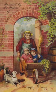 Vieil homme poussant des enfants dans une brouette
