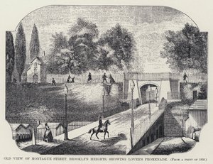 Ancienne vue de Montague Street, Brooklyn Heights, montrant la promenade des amoureux