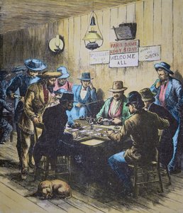 Partie de Faro dans un saloon à Cheyenne, Wyoming, vers 1870 (gravure en couleur) - American School