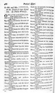 Poème écrit à un couple sur la mort de leur enfant par Phillis Wheatley, publié dans le Boston Magazine, 1783-84