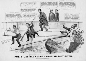 Blondins politiques traversant la rivière Salée, publié par Currer & Ives, New York, 1860