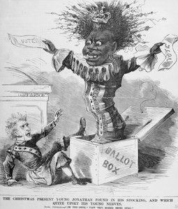 Dessin politique représentant le président Andrew Jackson effrayé par la perspective du vote noir en Amérique