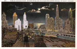 Carte postale de Chicago de nuit, vers 1930 - American School