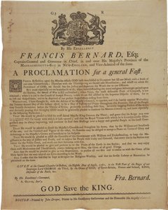 Proclamation au nom de Francis Bernard, gouverneur de la baie du Massachusetts : annonçant un jour de jeûne pendant la guerre de Sept Ans, 8 avril 1761 - American School