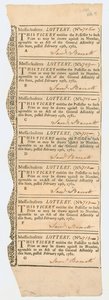 Feuille de billets de loterie, Loterie du Massachusetts, 1781