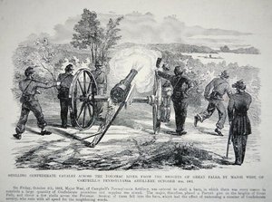 Bombardement de la cavalerie confédérée à travers la rivière Potomac depuis les hauteurs de Great Falls, 4 octobre 1861 (lithographie) - American School