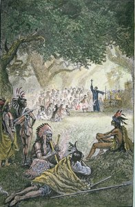 Missionnaires jésuites espagnols convertissant des Amérindiens en Californie au XVIIe siècle
