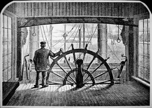 Pilote de bateau à vapeur dans la timonerie, c.1870 - American School