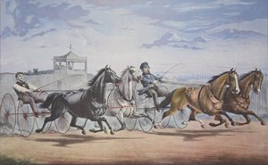 Stella et Alice Grey - Lanterne et fanon, Passant le stand (Dans leur grande course en double attelage sur le Union Course L.I. 5 juin 1855), pub. 1855, Currier & Ives