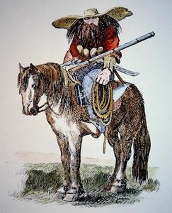 Dessin animé du Texas Ranger, représentant la vue urbaine orientale du Ranger sauvage et poilu - American School