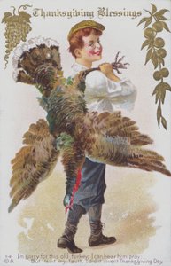 Carte de vœux de Thanksgiving représentant un homme avec une dinde. (chromolitho) - American School