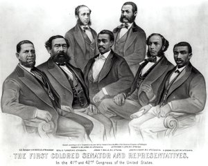 Le premier sénateur et représentants de couleur, au 41e et 42e Congrès des États-Unis, publié par Currier et Ives, 1872 - American School