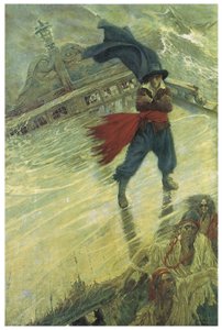 La légende du vaisseau fantôme ou du Hollandais volant : un commandant néerlandais voulant tenter le sort aurait été condamné à errer sur son navire pour toujours, apportant malheur aux navires croisant sa route Illustration de Howard Pyle (1853-1911) de C