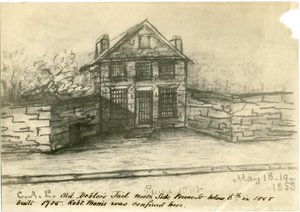 La vieille prison des débiteurs, côté de Prune St. en dessous de la 6e, illustration du Castner Scrapbook, 1858