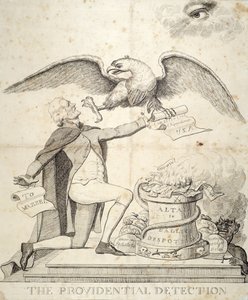 La détection providentielle, caricature représentant Thomas Jefferson (1743-1826) essayant de détruire la Constitution - American School