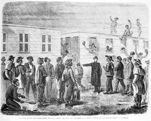 La guerre sur le Mississippi : recrues noires embarquant dans le train pour Murfreesboro, de Frank Leslies Illustrated Newspaper, mai 1864
