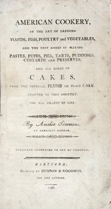 Page de titre de American Cookery, écrit par Amelia Simmons, publié par Hudson & Goodwin, 1796
