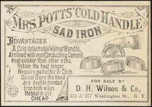 Carte de visite pour le fer à repasser à manche froid de Mme Potts, vers 1870-1900 - American School