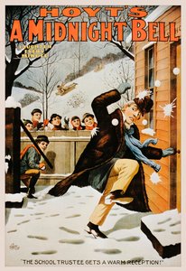 Affiche vintage de garçons lançant des boules de neige à un homme, 1890-99 - American School