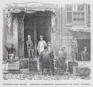 En attente de commerce, marchands chinois sur le trottoir de Mott Street - American School