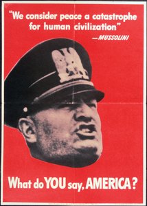 "Que dites-vous, AMÉRIQUE?", Affiche de la 2e Guerre mondiale des États-Unis avec le visage de Mussolini, Anonyme, vers 1942