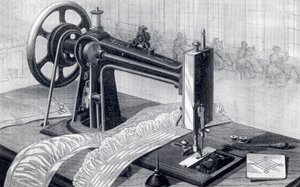 Machine à coudre Wilson, montrant la transmission par courroie depuis la pédale et la burette, de Park Benjamin Appletons Cyclopedia of Applied Machines, publié en 1880