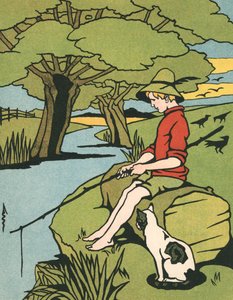 Jeune garçon pêchant dans une rivière avec son chat