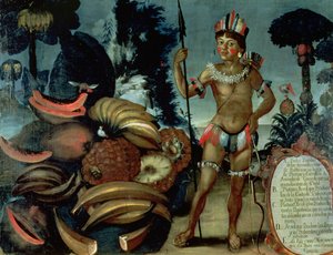 Indien Yumbo du voisinage de Quito, Équateur, avec divers fruits et arbres