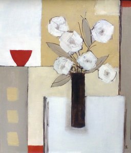 Bol rouge, fleurs blanches