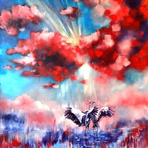 Deux grues, nuages rouges - Anda Bieza