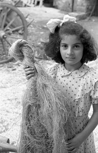 TRAVAIL DU CHANVRE, FILLE AVEC UN FAISCEAU DE FIBRES