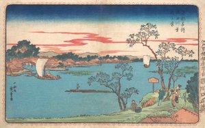 Vue des cerisiers en feuilles le long de la rivière Sumida, 1831